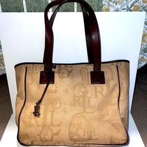 LAUREN RALPH LAUREN Jacquard Medium Size Tan Tote Bag with Brown Leather Trim